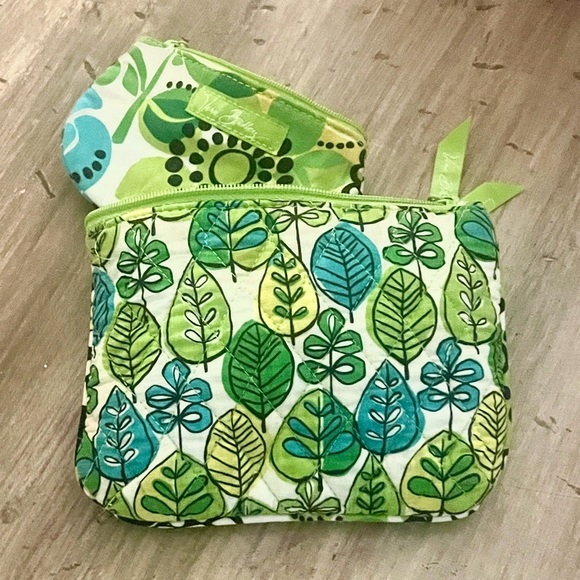 VTG Vera Bradley,Small Makeup Bag & Coin Purse, Blue, Green, Yellow Leaf Print - Picture 1 of 8